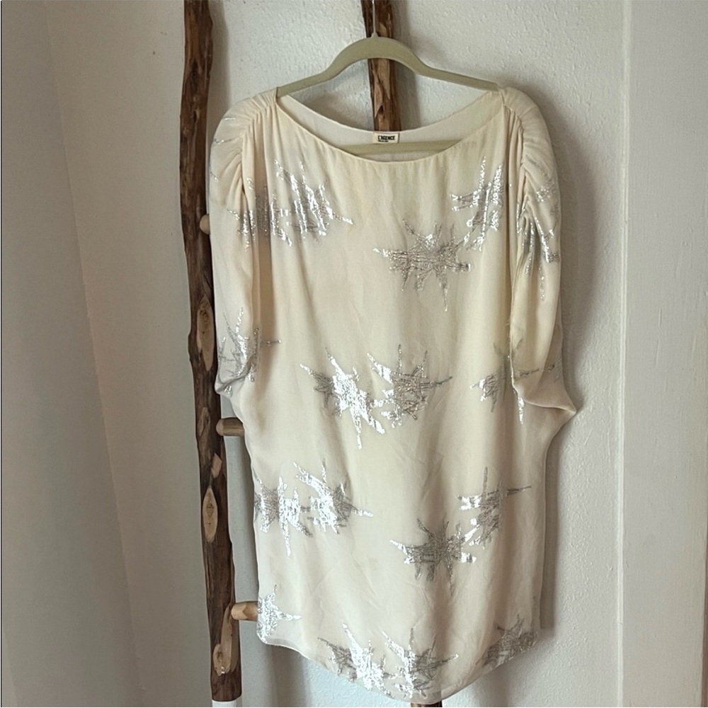 L'AGENCE Cream Silver Embroidered Stars Silk Draped Mini Dress or Tunic XS Small